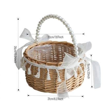 Round Wicker Basket with Pearl Handle Tassel