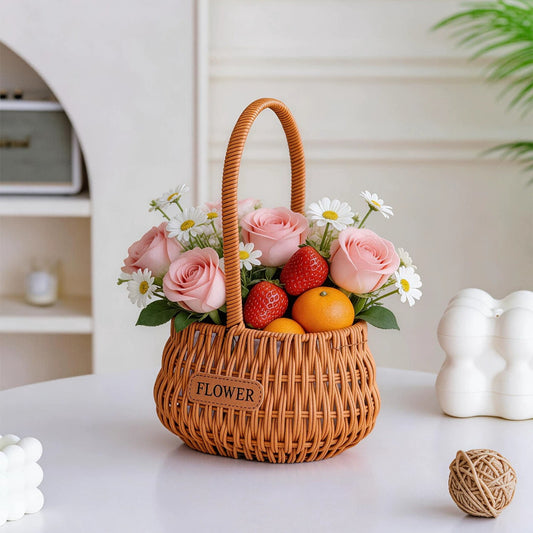 Round Faux Wicker Basket with High Handle