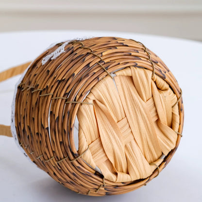Spherical Faux Wicker Basket with Lace Bow Trim