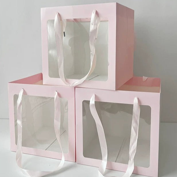 Pink Square Bottom GIft Bag with Window Pack 10