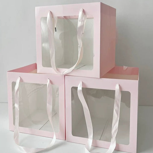 Pink Square Bottom GIft Bag with Window Pack 10