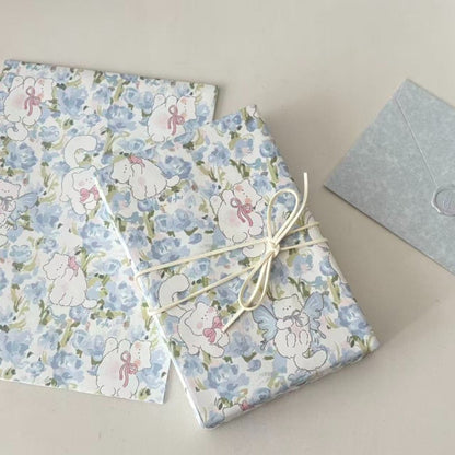 Blue Floral Kitten Gift Wrap Paper Pack 12
