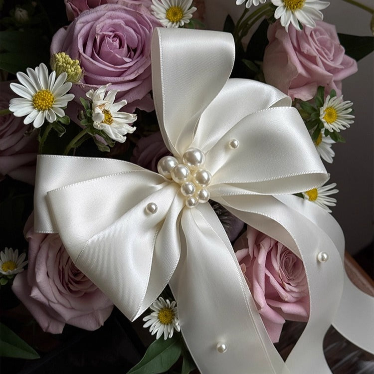 Ivory Satin Bow with Pearl Accents