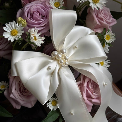 Ivory Satin Bow with Pearl Accents