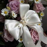 Load image into Gallery viewer, Ivory Satin Bow with Pearl Accents