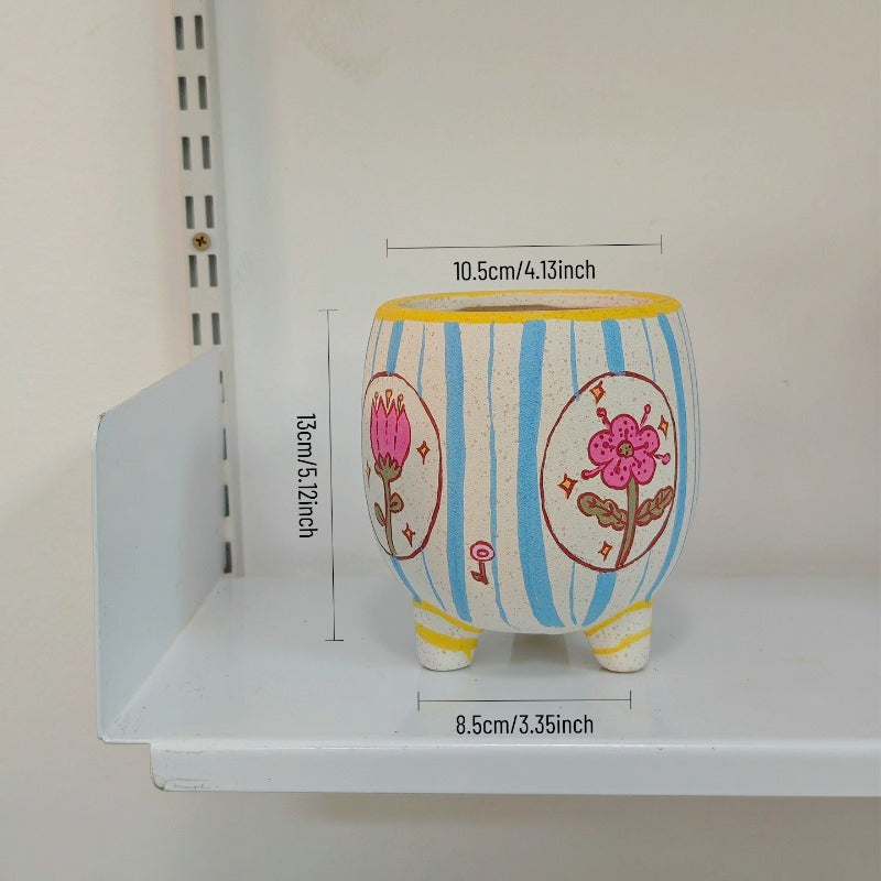 Whimsical Hand-Painted Footed Ceramic Planter