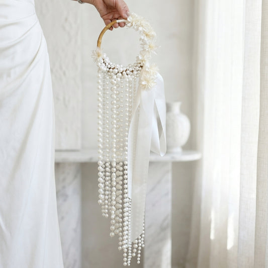 Boho Cascading Pearl Bridal Bouquet with Ribbon