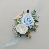 Load image into Gallery viewer, Light Blue Preserved Rose Boutonniere Wrist Corsage