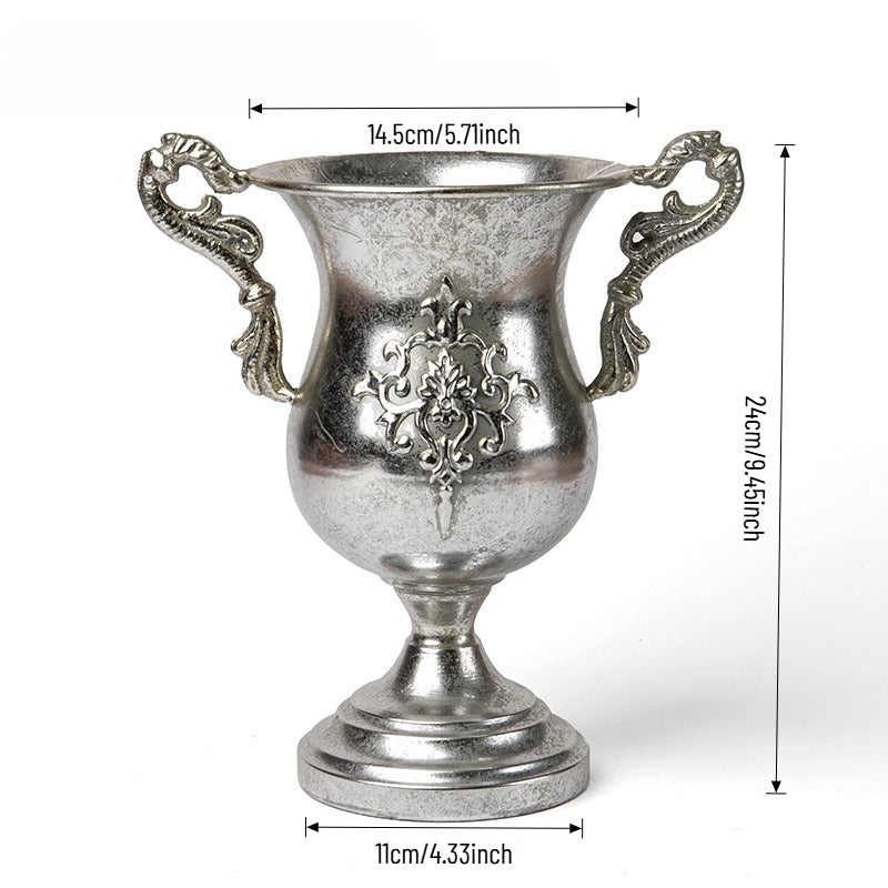 Vase trompette jardinière en métal argenté antique