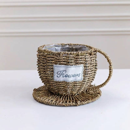 Handcrafted Wicker Coffee Cup Flower Basket