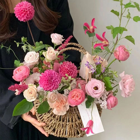 Vintage Straw Flower Basket with Handle