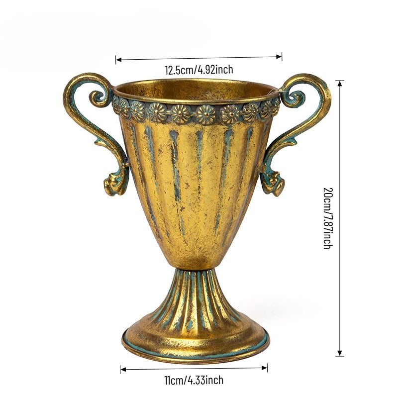 Antique Gold Metal Urn Planter Trumpet Vase