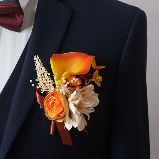 Orange Calla Lily Rose Boutonniere Corsage Set