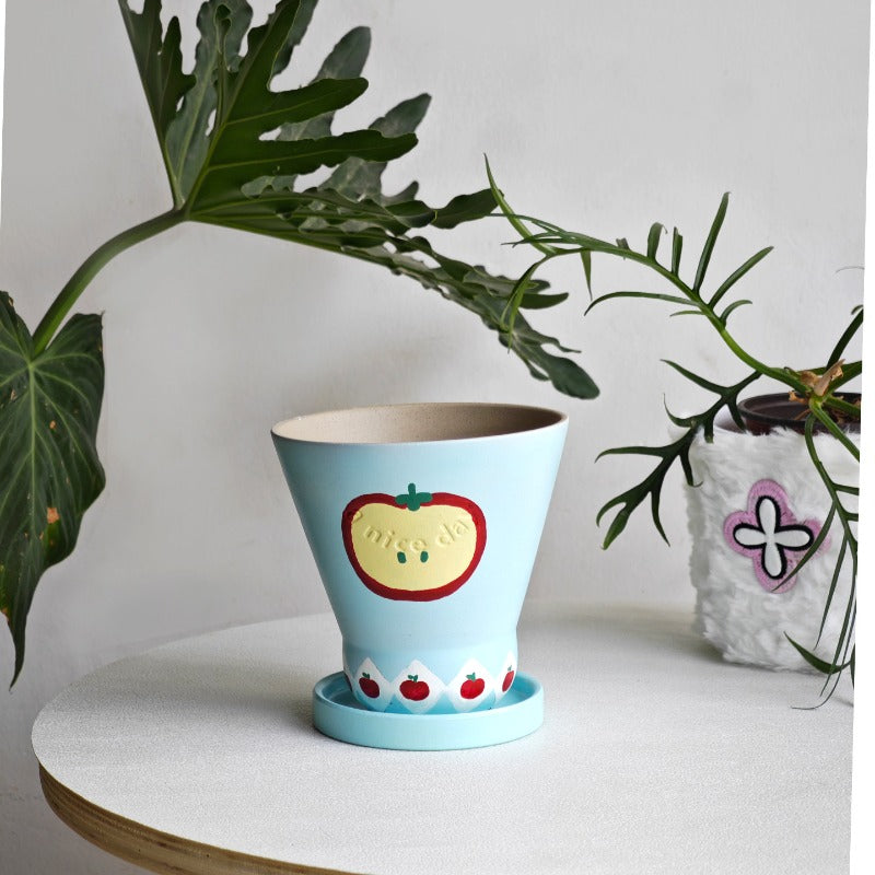 Pastel Blue Apple Motif Ceramic Planter