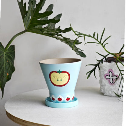 Pastel Blue Apple Motif Ceramic Planter