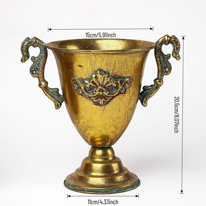 Antique Gold Metal Urn Planter Trumpet Vase