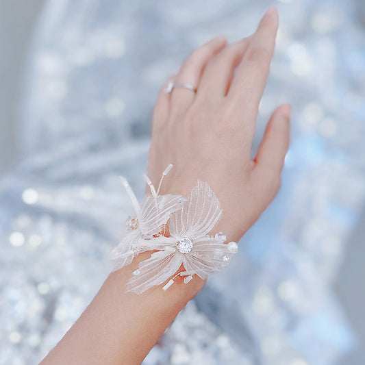 Corsages de poignet de mariage en tulle à fleurs blanches