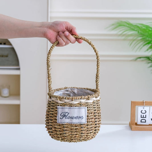 Round Seagrass Flower Basket with High Handle