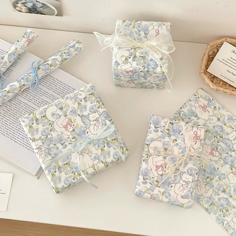 Blue Floral Kitten Gift Wrap Paper Pack 12