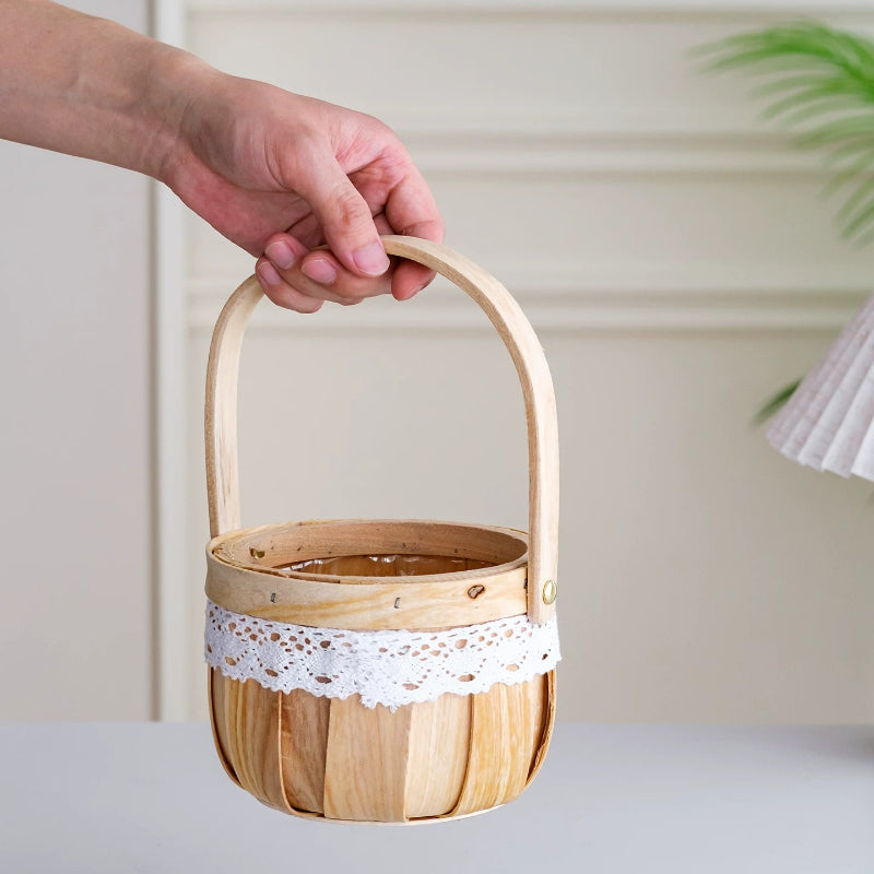 Mini Wood-Chip Flower Basket with Lace Trim