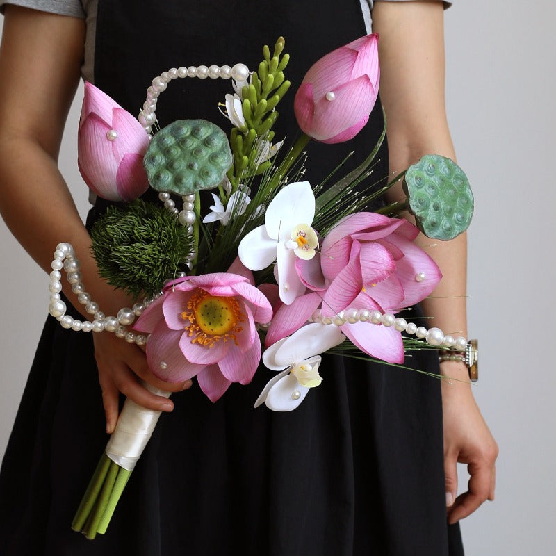 Pink Lotus & Orchid Pearl Bridal Bouquet