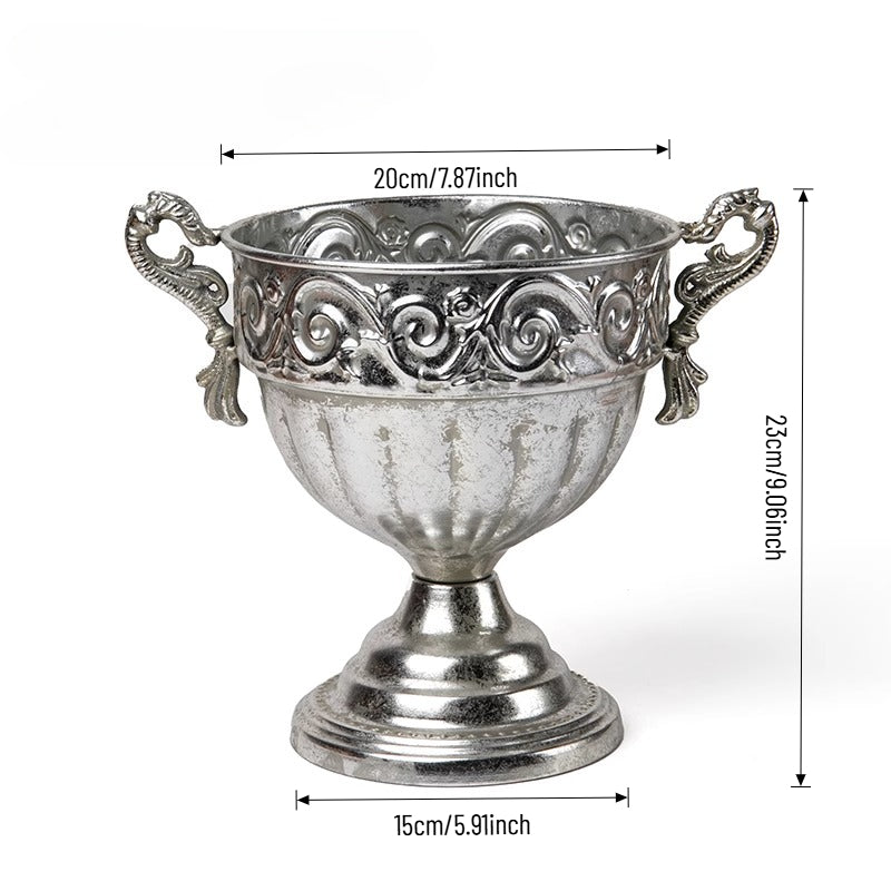 Vase trompette jardinière en métal argenté antique
