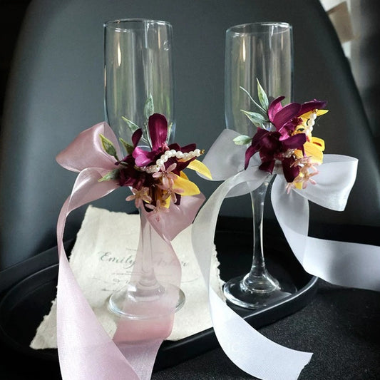 Magenta Gold Champagne Flutes Flower Decor (Set of 2)
