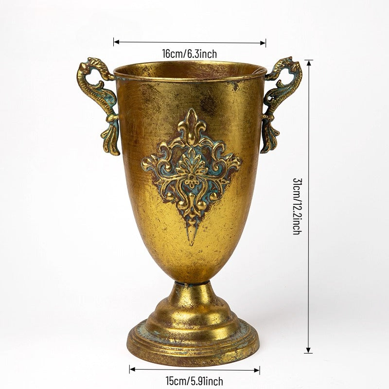 Antique Gold Metal Urn Planter Trumpet Vase