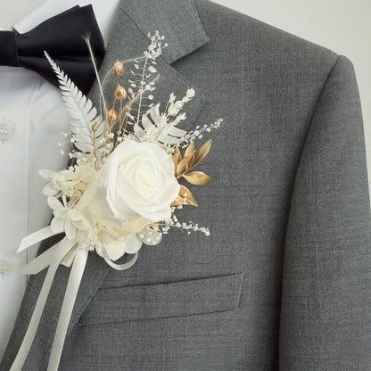 Preserved White Rose Wedding Boutonniere & Corsage