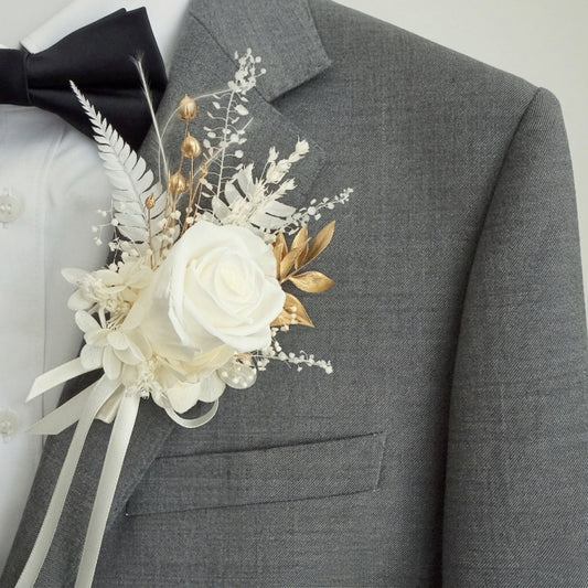 Preserved White Rose Wedding Boutonniere & Corsage