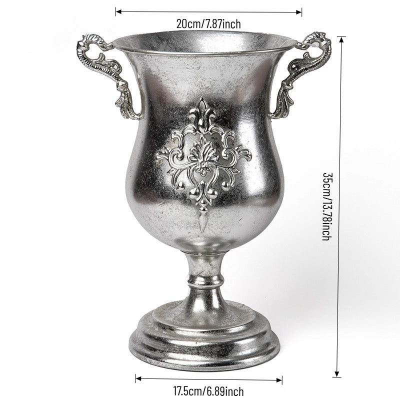 Vase trompette jardinière en métal argenté antique