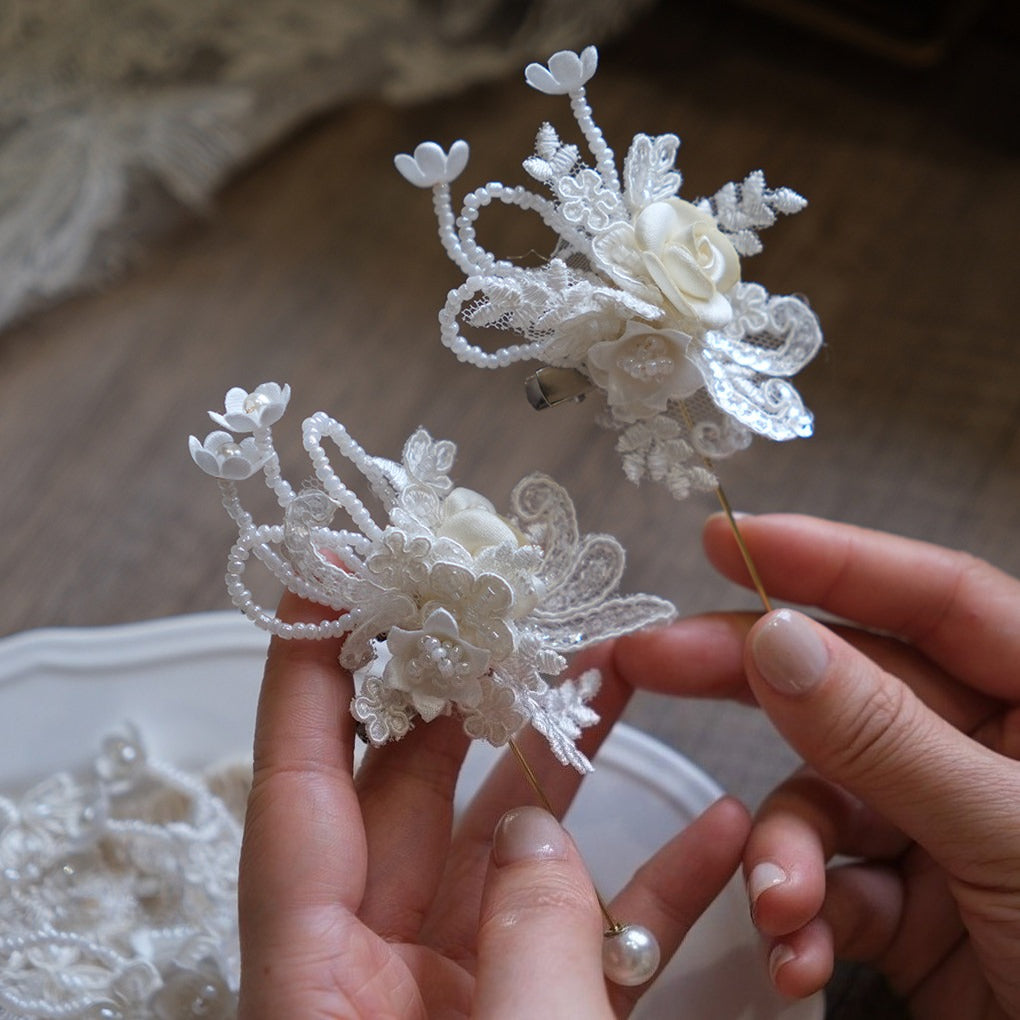 White Lace Pearl Boutonniere Wrist Corsage Set