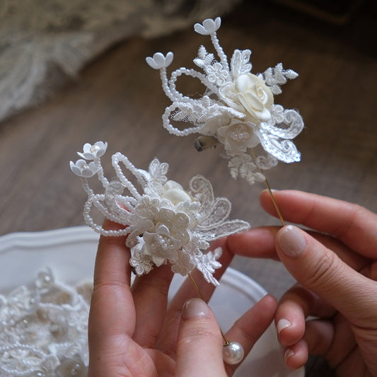 White Lace Pearl Boutonniere Wrist Corsage Set