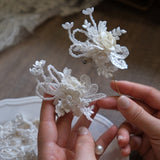 Load image into Gallery viewer, White Lace Pearl Boutonniere Wrist Corsage Set