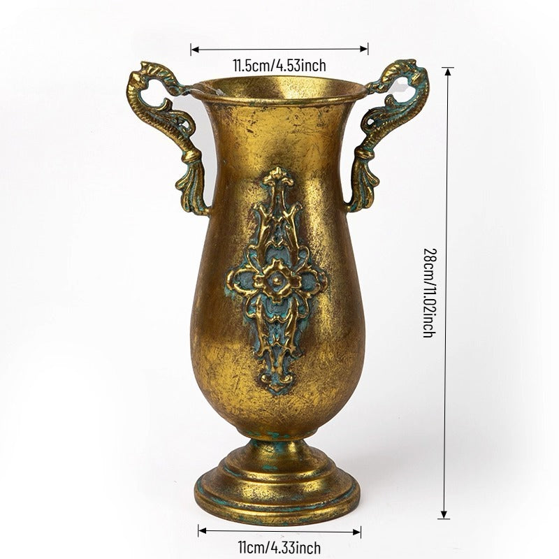 Antique Gold Metal Urn Planter Trumpet Vase