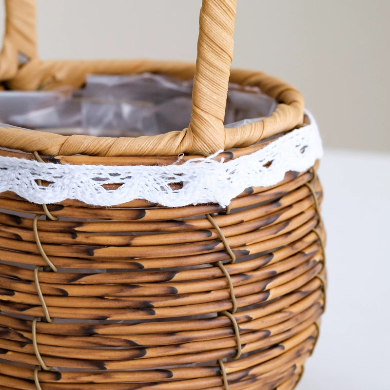 Spherical Faux Wicker Basket with Lace Bow Trim