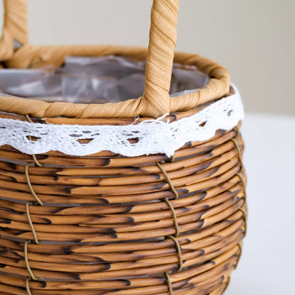 Spherical Faux Wicker Basket with Lace Bow Trim