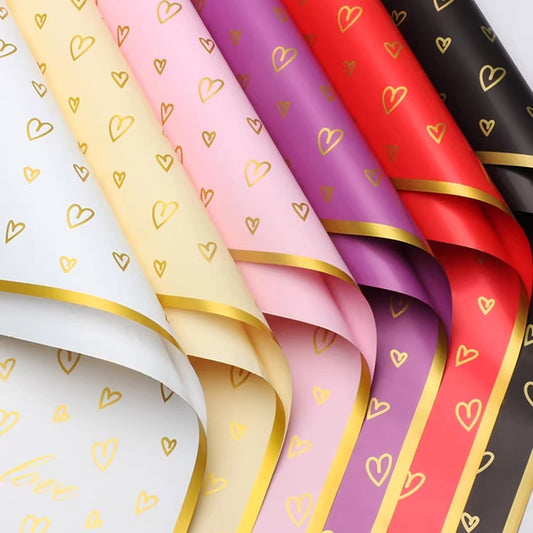 20 feuilles de papier pour bouquet en forme de cœur avec bordure dorée (57x57 cm)