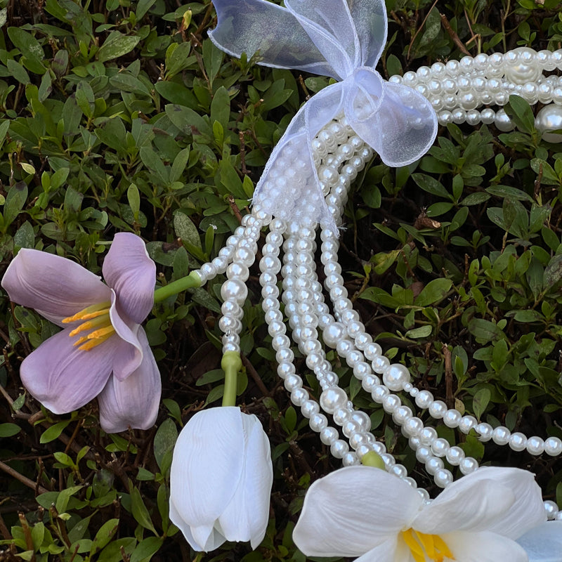 Unique Tulip Pearl Waterfall Wedding Bouquet