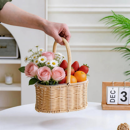 Oval Wicker Flower Basket with High Handle