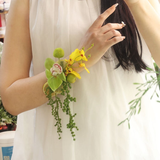 Green Orchid Lemon Boutonniere Wrist Corsage Set