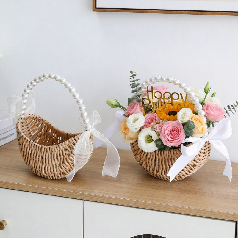 Crescent Wicker Basket with Pearl Handle