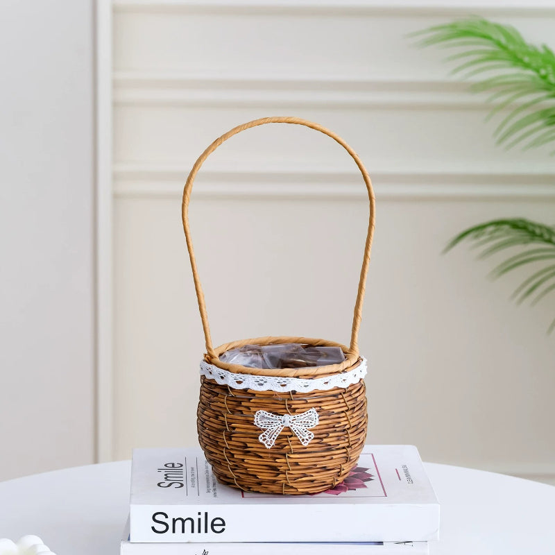 Spherical Faux Wicker Basket with Lace Bow Trim