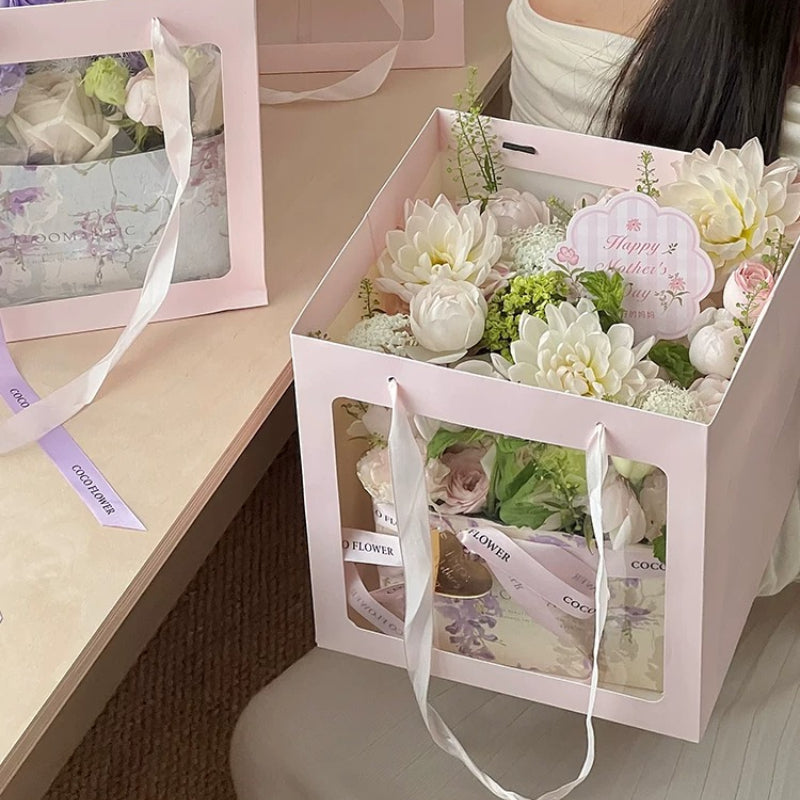 Pink Square Bottom GIft Bag with Window Pack 10