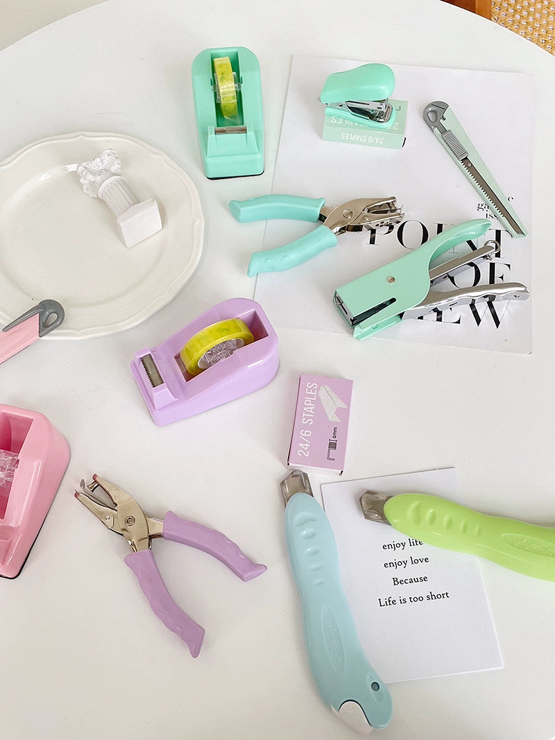 Macaron Color Stapler Tape Dispenser Hole Puncher