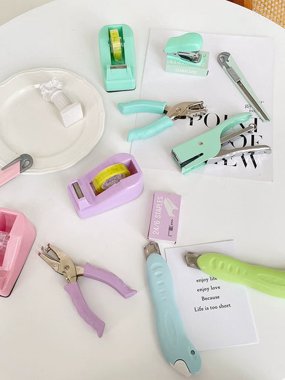 Macaron Color Stapler Tape Dispenser Hole Puncher