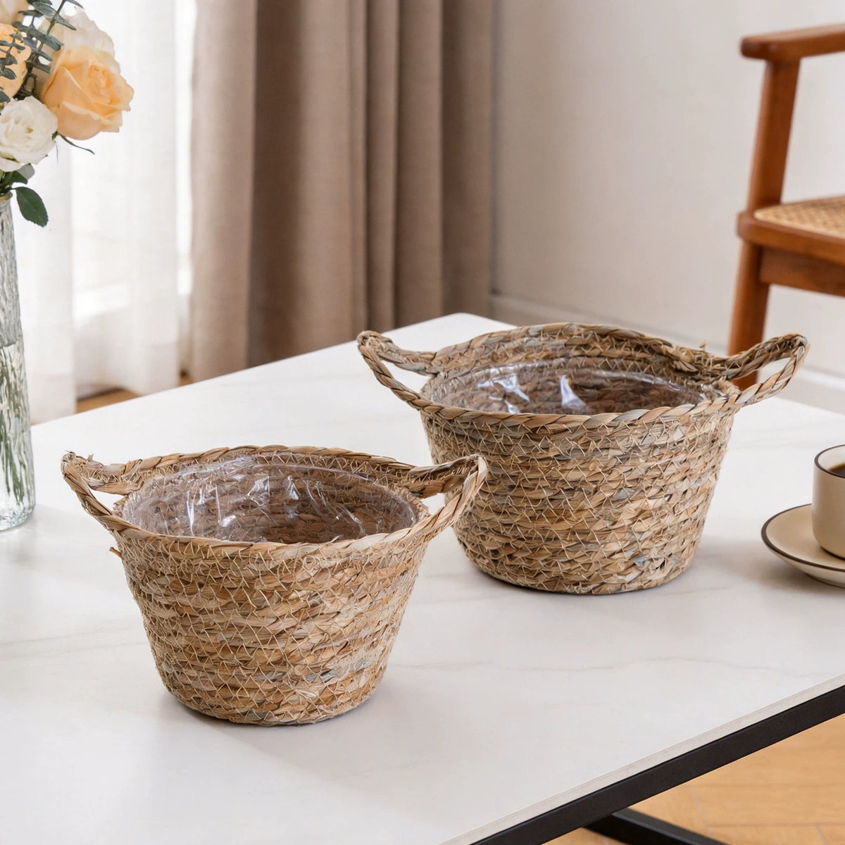 Round Woven Seagrass Flower Basket Set of 3