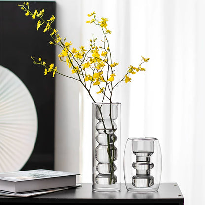 Geometric Smoke Grey Double-Walled Glass Vase