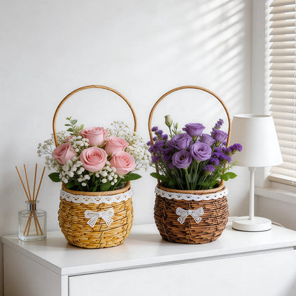Spherical Faux Wicker Basket with Lace Bow Trim