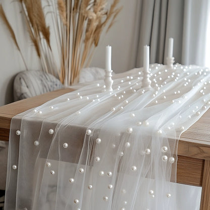 Pearl-Dotted Tulle Table Runner for Weddings